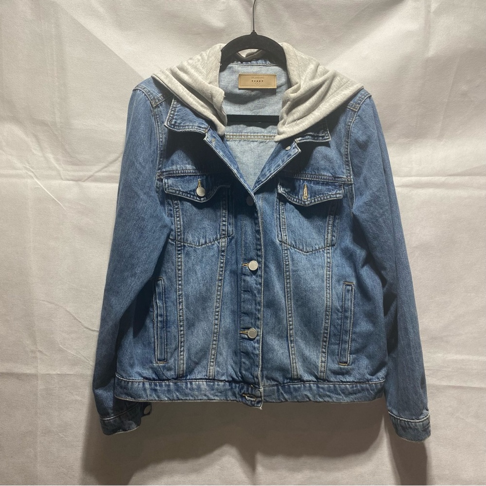 Blue Denim Jacket with Gray Hood